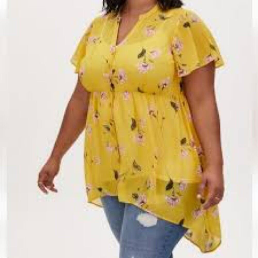 Torrid LEXIE Babydoll Chiffon Hi-Low Tunic Top Size 0 Button Up Yellow Floral